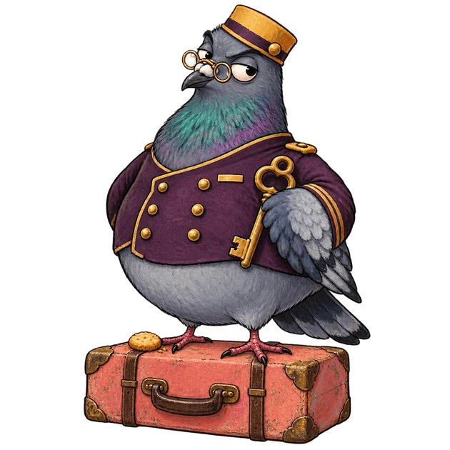 Mr Crumb, a pompous pigeon in a bellhop uniform, perched on a suitcase